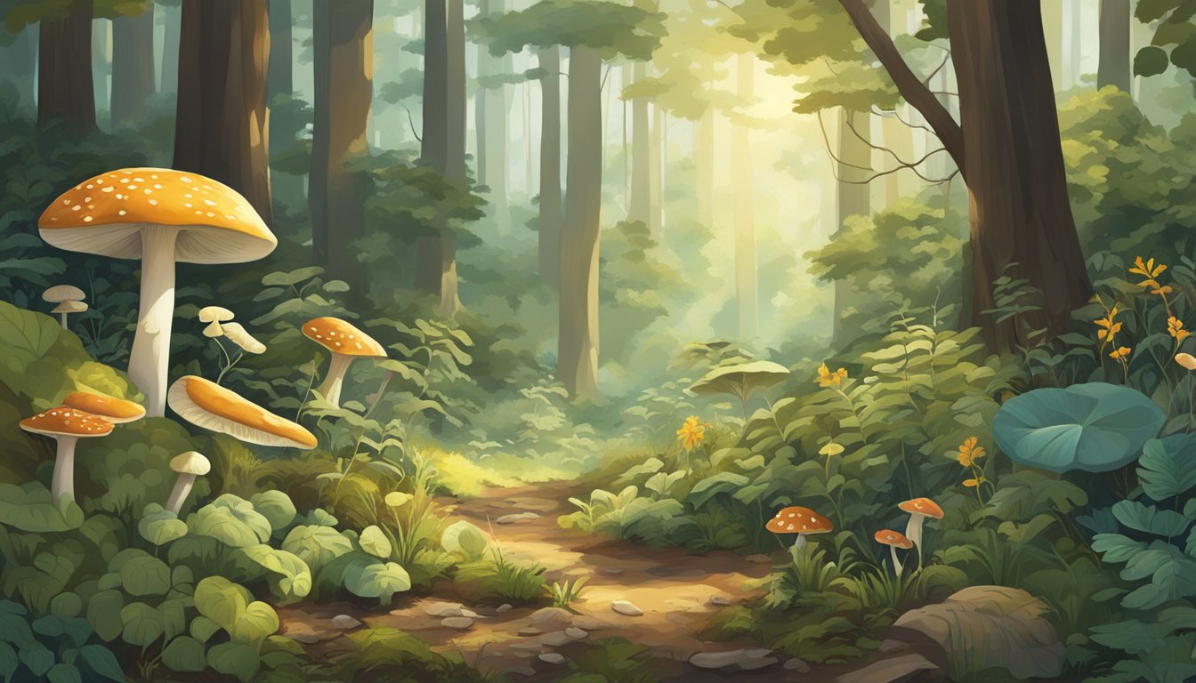 A lush forest floor with a variety of wild plants and fungi, surrounded by tall trees and dappled sunlight, showcasing the diversity of foraging practices