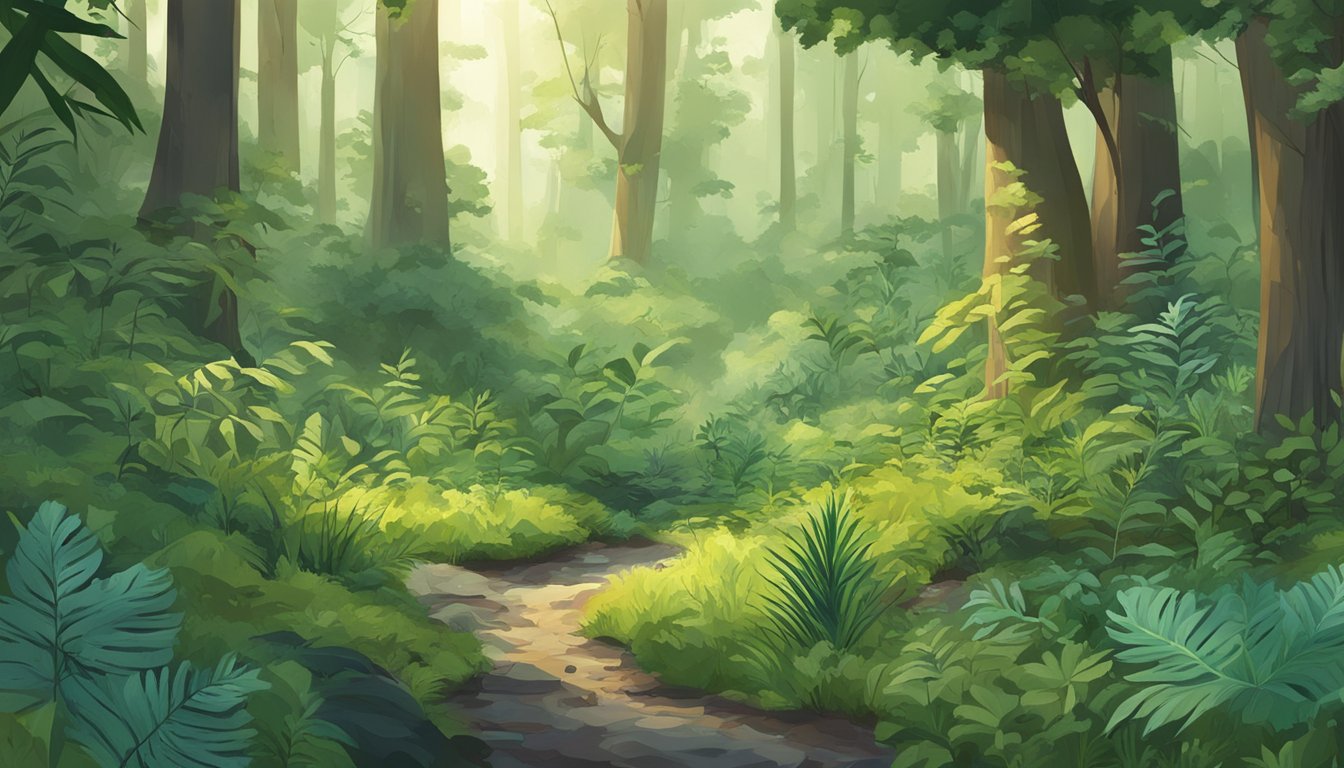 A lush forest with diverse plant life, a forager collecting samples, and advanced research tools scattered about