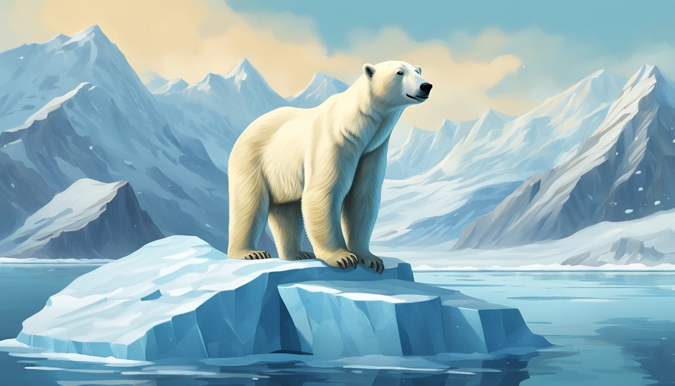 A polar bear standing on an ice floe, surrounded by snow-covered mountains and glaciers, with a seal peeking out of a hole in the ice