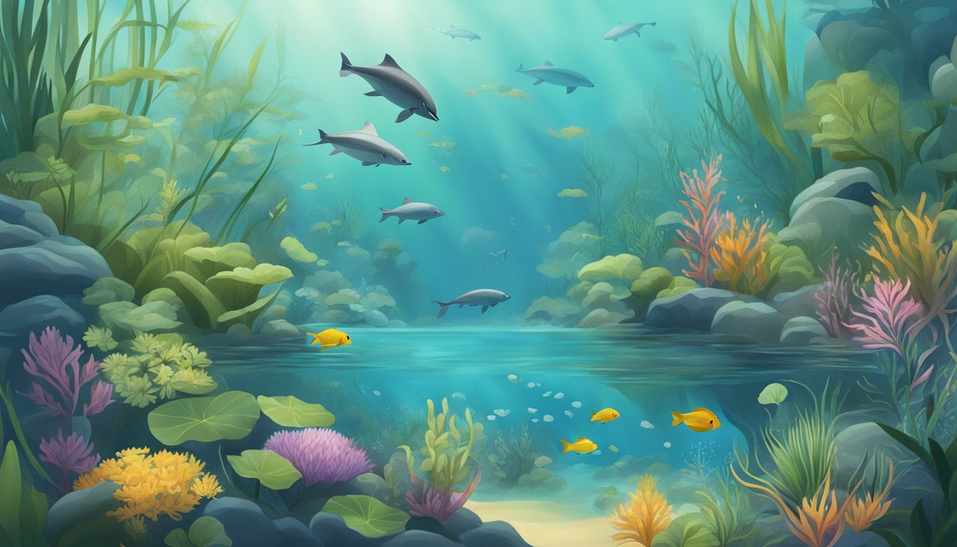 A tranquil underwater scene with diverse aquatic plants and foraging wildlife