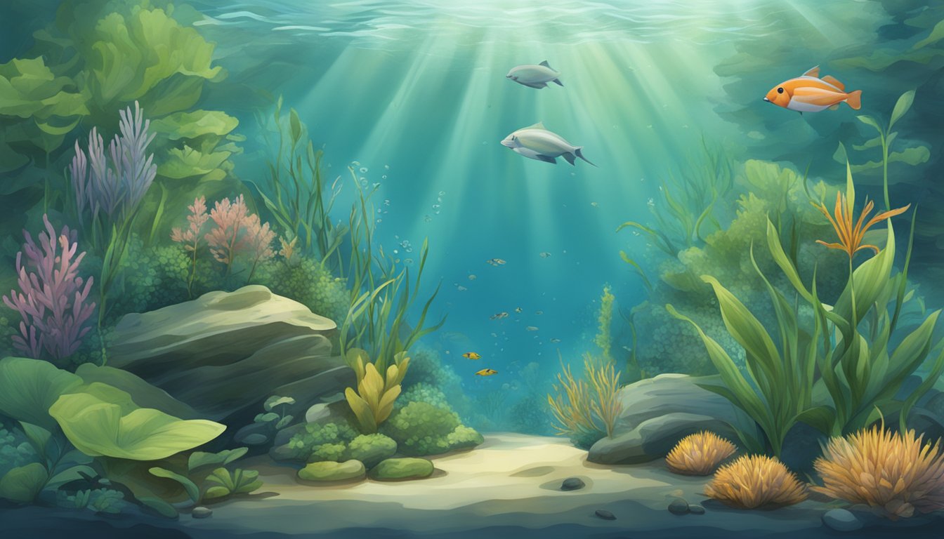 A serene underwater scene with aquatic plants and foraging tools