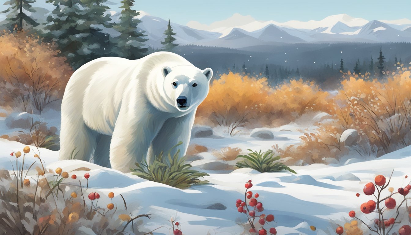 A snowy landscape with a variety of wild plants and berries scattered across the ground, with a polar bear in the distance