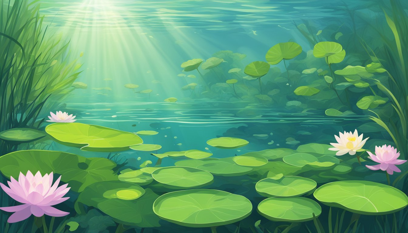 A serene underwater scene with various aquatic plants, including water lilies, pondweed, and duckweed, swaying gently in the current