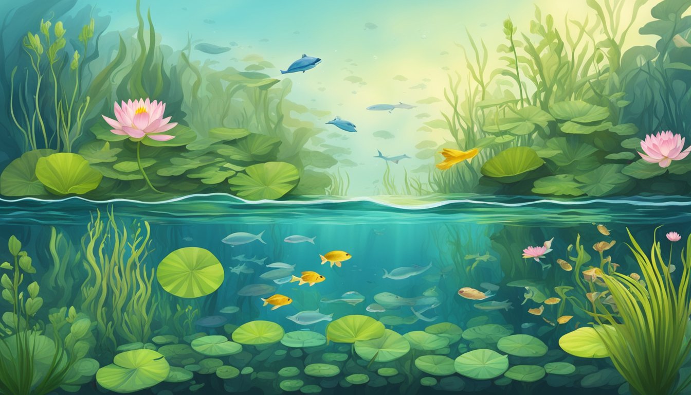 An underwater scene with various aquatic plants, including water lilies, pondweed, and duckweed, surrounded by fish and other aquatic creatures