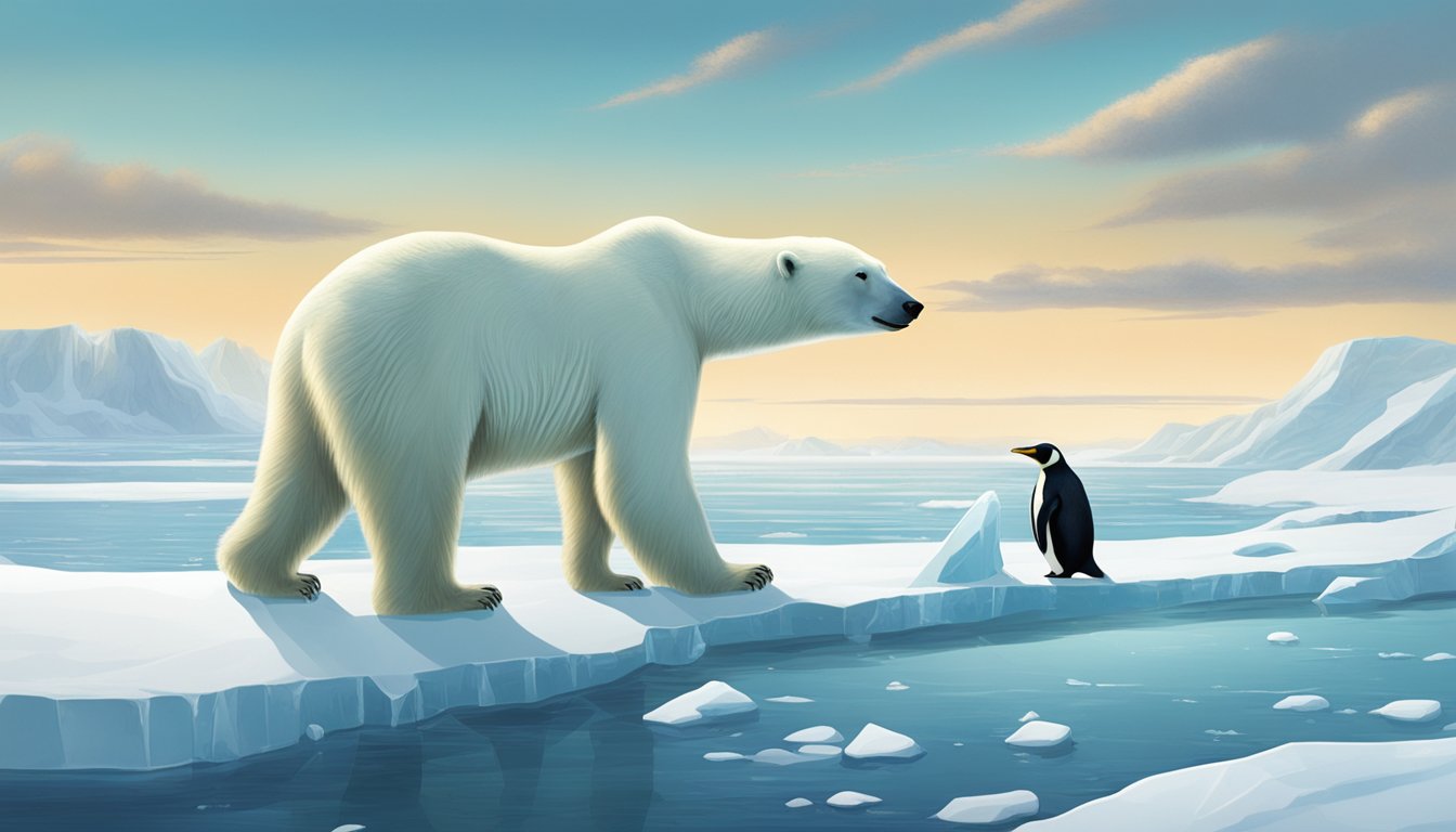 A polar bear and a penguin forage for food amidst icy landscapes in the Arctic and Antarctic, showcasing the future of foraging in these remote regions