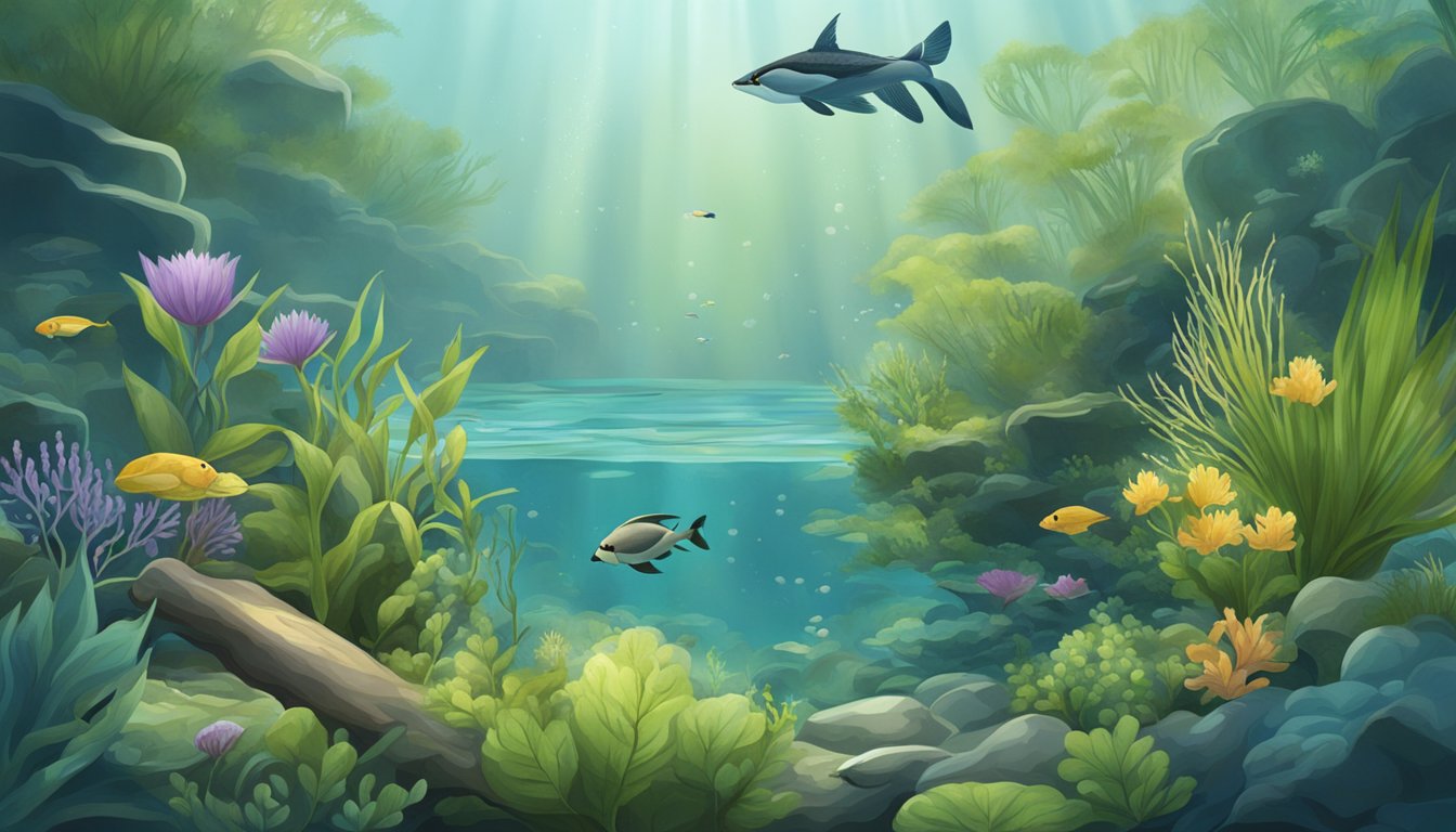 A tranquil underwater scene with diverse aquatic plants and foraging tools