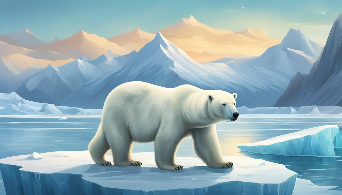 A polar bear stands on a vast ice floe, surrounded by snowy mountains and a frozen ocean. A penguin waddles nearby, while seals bask on the ice