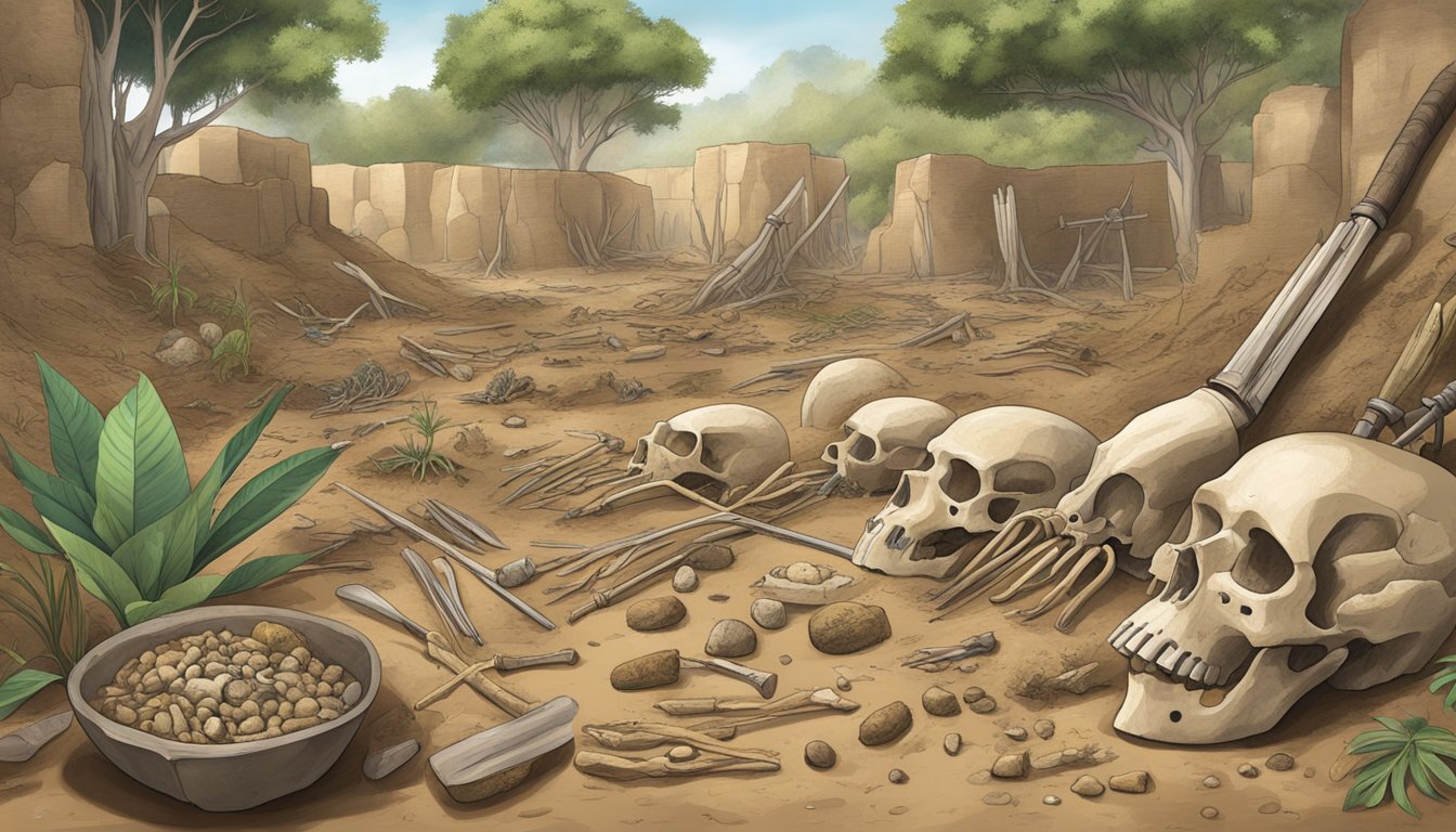 An archaeological site with tools, bones, and plant remains scattered in the dirt, revealing insights into ancient human diets and foraging practices