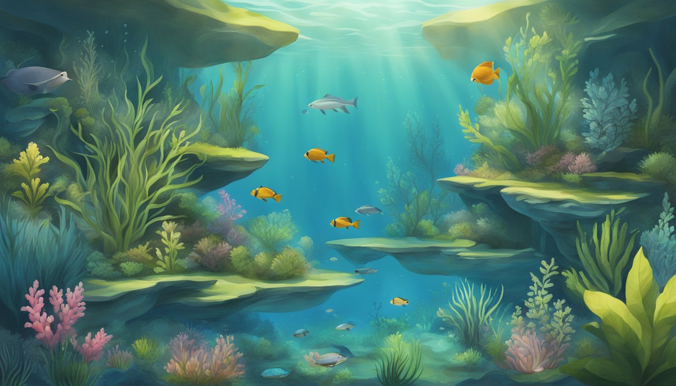 A tranquil underwater scene with diverse aquatic plants and foraging wildlife