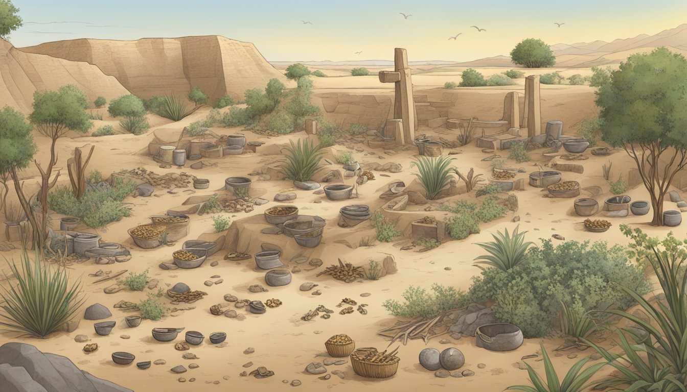 An illustration of an archaeological site with scattered tools, animal bones, and plant remains, depicting the process of foraging and uncovering ancient diets