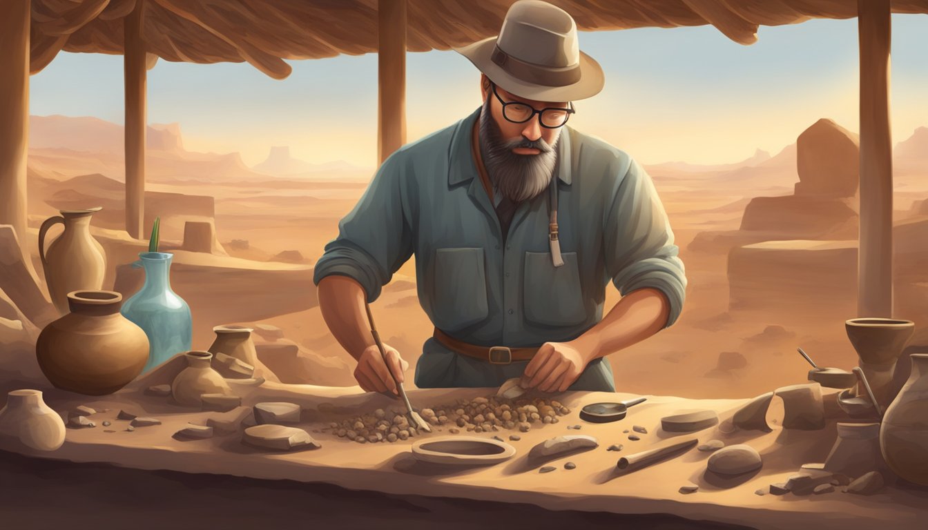 An archaeologist carefully brushes away dirt from ancient pottery and animal bones, surrounded by advanced technology and analytical equipment