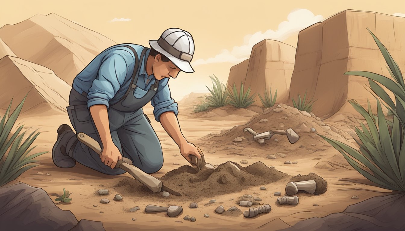 An archaeologist carefully brushes away dirt to reveal ancient plant remains and animal bones in a dig site