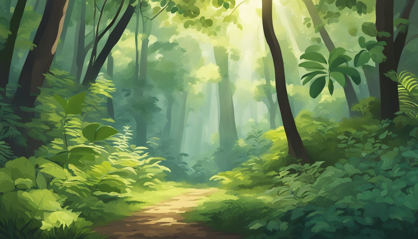 A lush forest floor with various wild plants and foliage, surrounded by tall trees and dappled sunlight filtering through the canopy