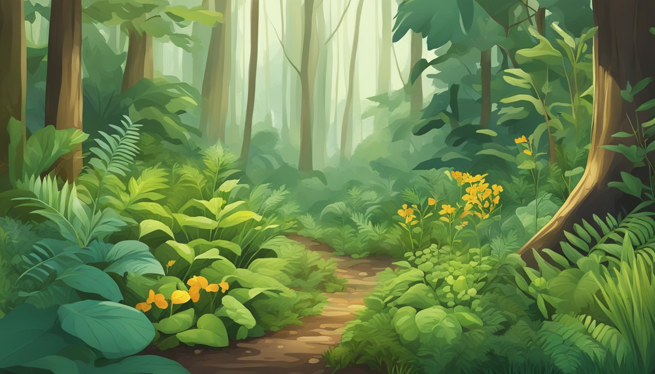 A lush forest floor with a variety of wild plants, including edible and environmental indicator species, surrounded by trees and natural vegetation