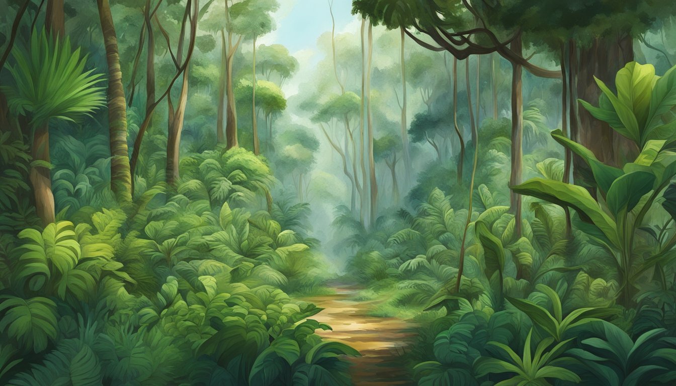 A dense jungle scene with various trees and plants, including rubber trees and resin-producing plants. The atmosphere is humid and lush, with vibrant green foliage and scattered rubber and resin collecting tools