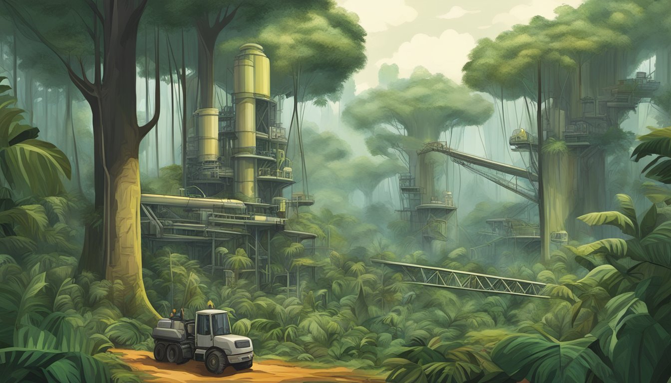 A dense jungle with towering rubber trees and resinous plants being harvested by industrial machinery