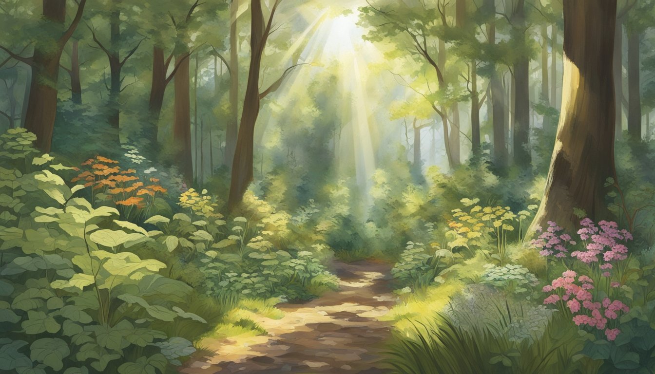 A forest clearing with a variety of edible trees and shrubs, surrounded by diverse plant life. The sun shines through the canopy, casting dappled light on the forager's guide book