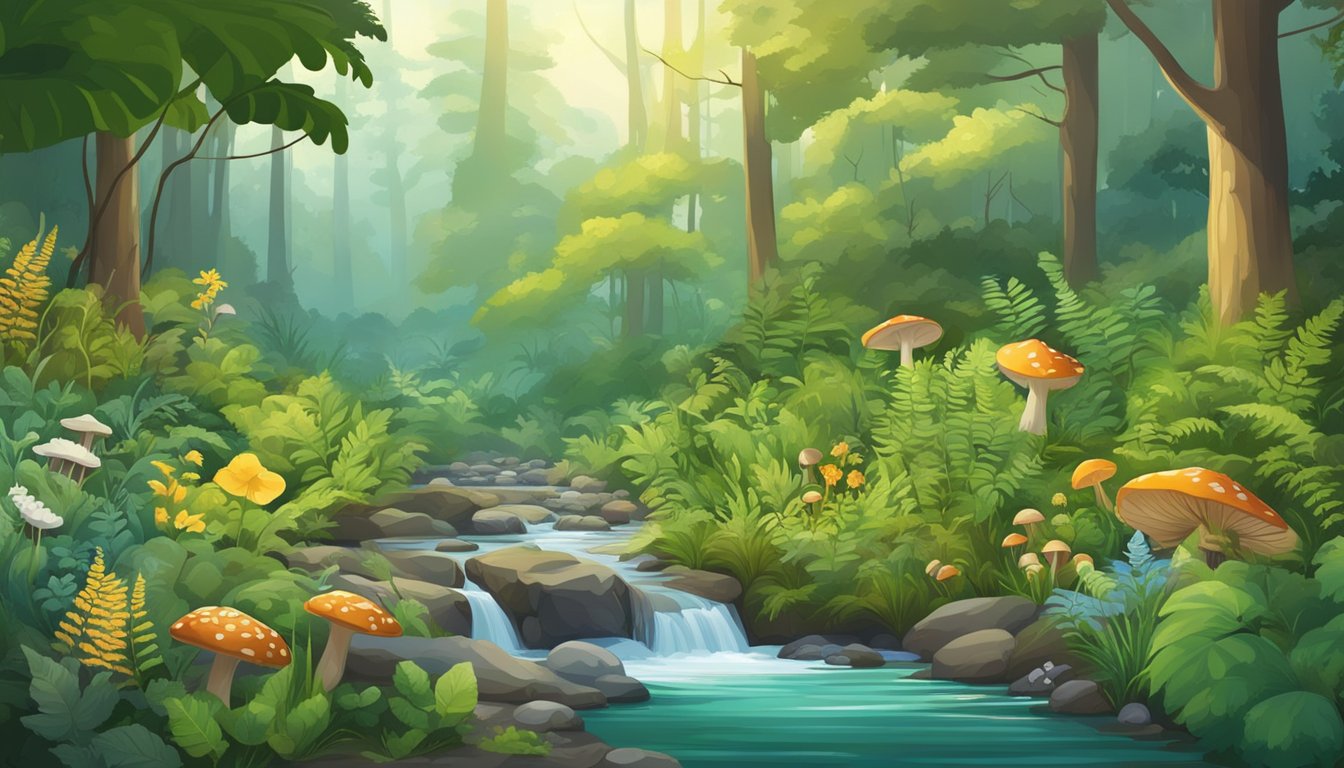 A lush forest with diverse plant life, including wildflowers, mushrooms, and ferns. A stream runs through the landscape, with various animals foraging for food