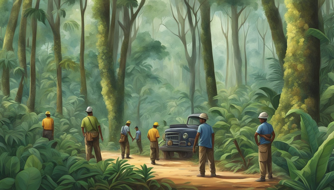 A dense tropical forest with rubber trees and resinous plants, surrounded by workers collecting natural rubber and resins