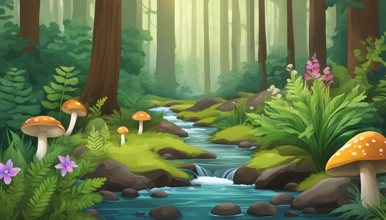 A forest floor with diverse plant life, including ferns, mushrooms, and wildflowers. A small stream trickles through the scene, surrounded by lush greenery and fallen leaves