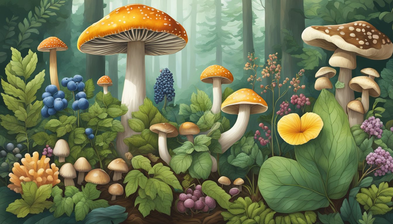 A diverse array of plants and fungi, including wild berries, herbs, and mushrooms, thriving in a lush forest ecosystem