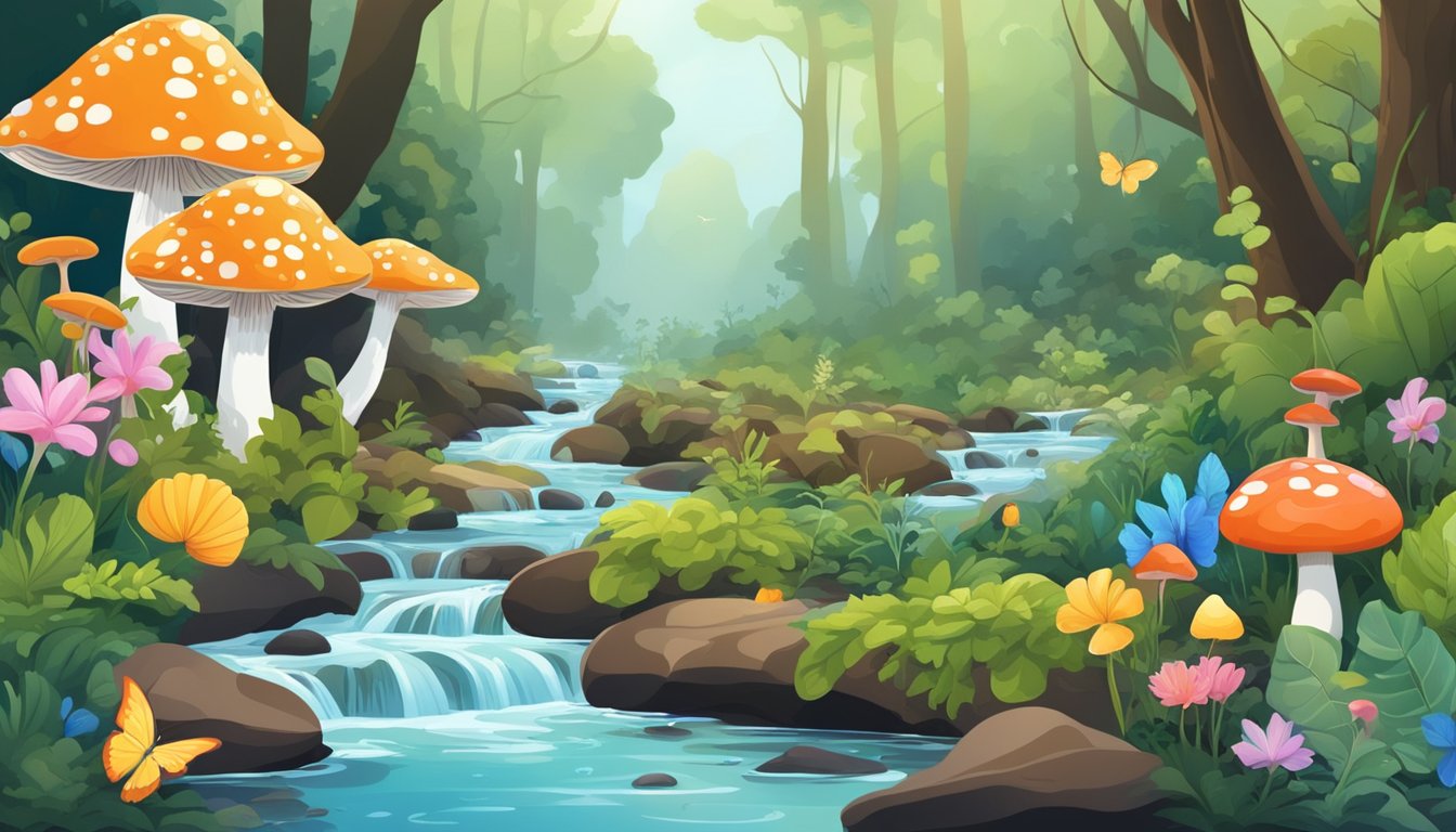 A lush forest floor with mushrooms, flowers, and herbs. A bubbling stream with colorful rocks and swirling water. A clear sky with birds and butterflies