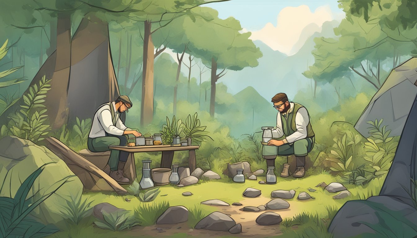 A scientist in a forest, gathering plants, rocks, and other natural materials for experiments. They have a makeshift laboratory set up in the wilderness