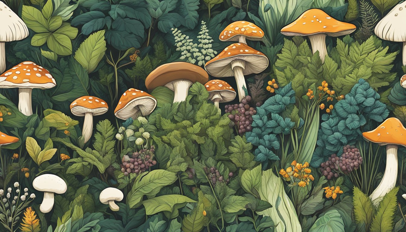 A lush forest floor with a variety of wild edibles such as mushrooms, berries, and herbs intermingled with native plants and trees