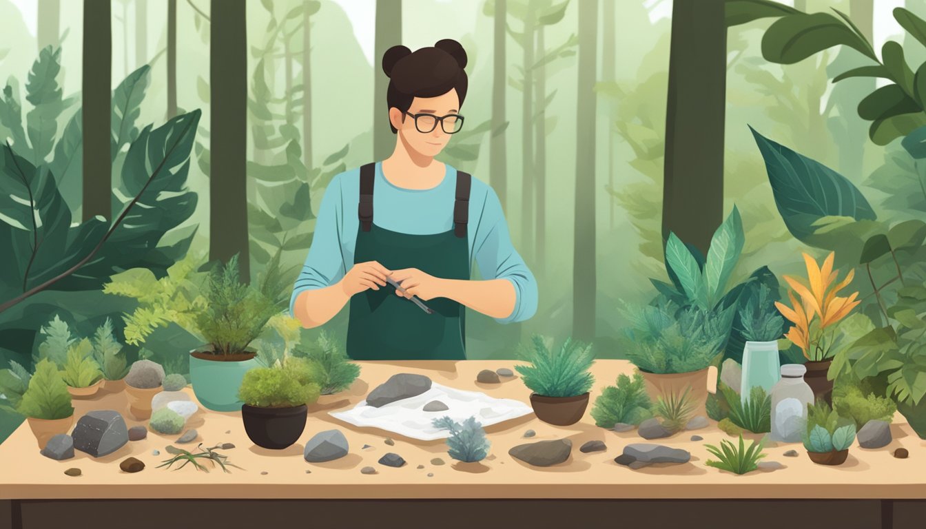 A person collects plants and minerals in a forest, with a variety of natural elements laid out on a table for experimentation