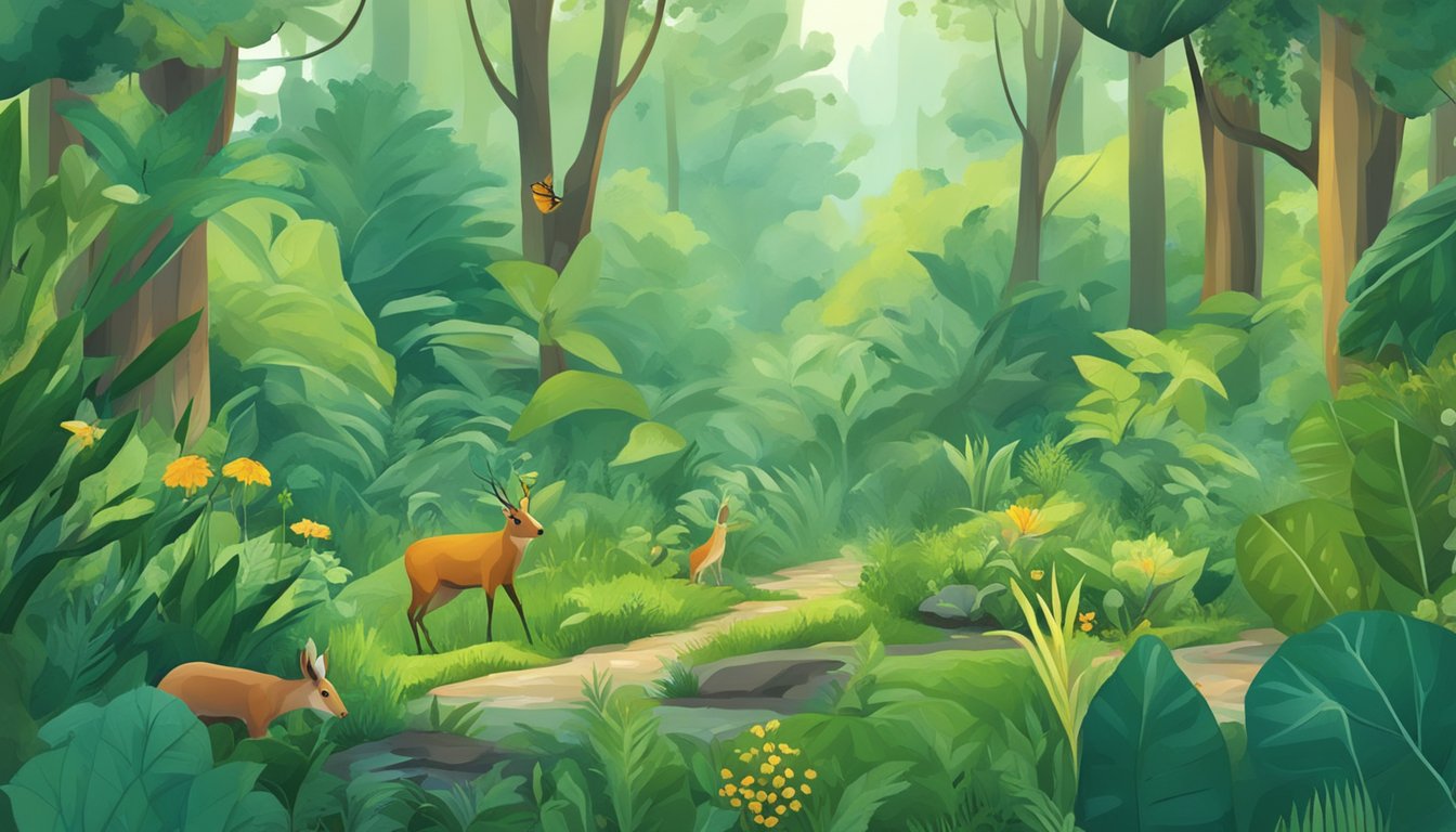 A lush forest with diverse plant life, small animals, and insects. A forager carefully selects specific plants, mindful of the impact on the ecosystem