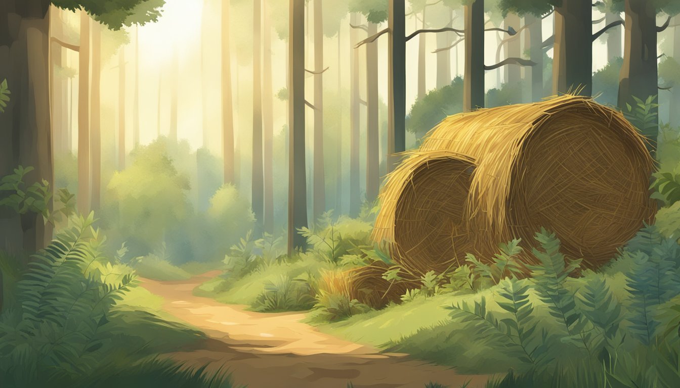 An illustration of a forest scene with various natural materials such as straw, wood, and plants being gathered for insulation