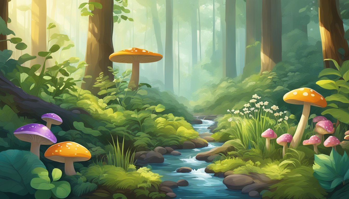 A lush forest floor with a variety of plants, mushrooms, and insects. A bubbling stream runs through the scene, with sunlight filtering through the canopy above