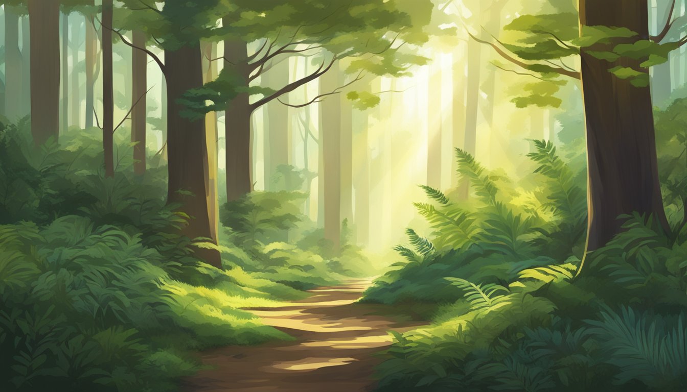 A forest with diverse vegetation, including thick underbrush and towering trees, with sunlight streaming through the canopy onto the forest floor