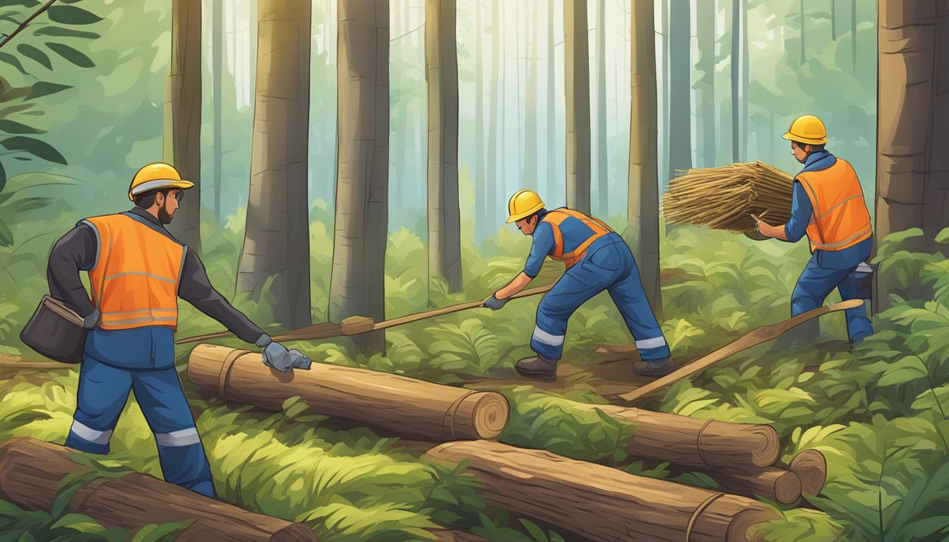 Workers gathering natural materials in a forest for insulation