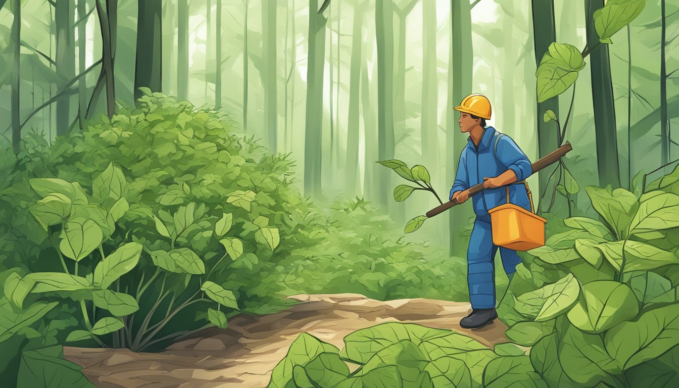 A figure collecting plant materials in a forest, with a focus on leaves, branches, and other natural elements for green building insulation