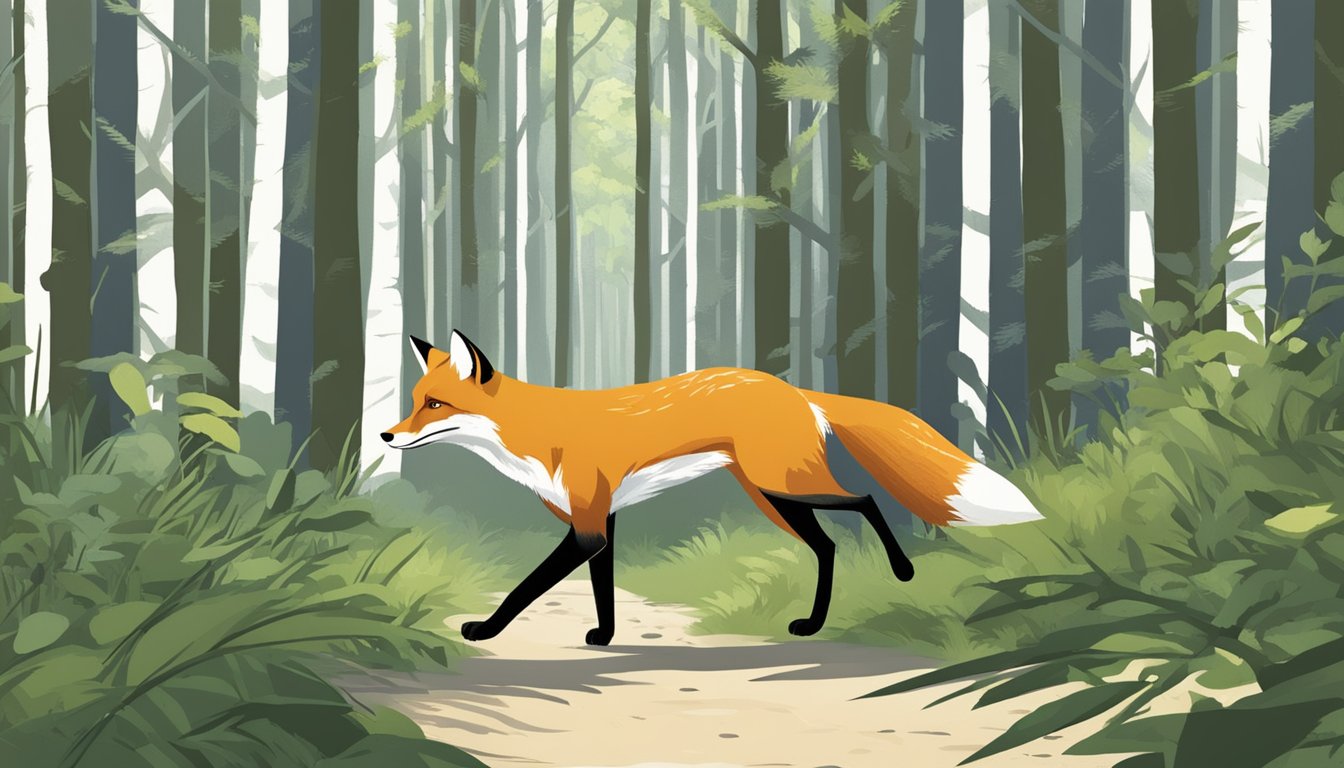 A fox trots through a narrow strip of trees, using the corridor to travel between two larger wild spaces. The forager sniffs the air, alert for potential prey