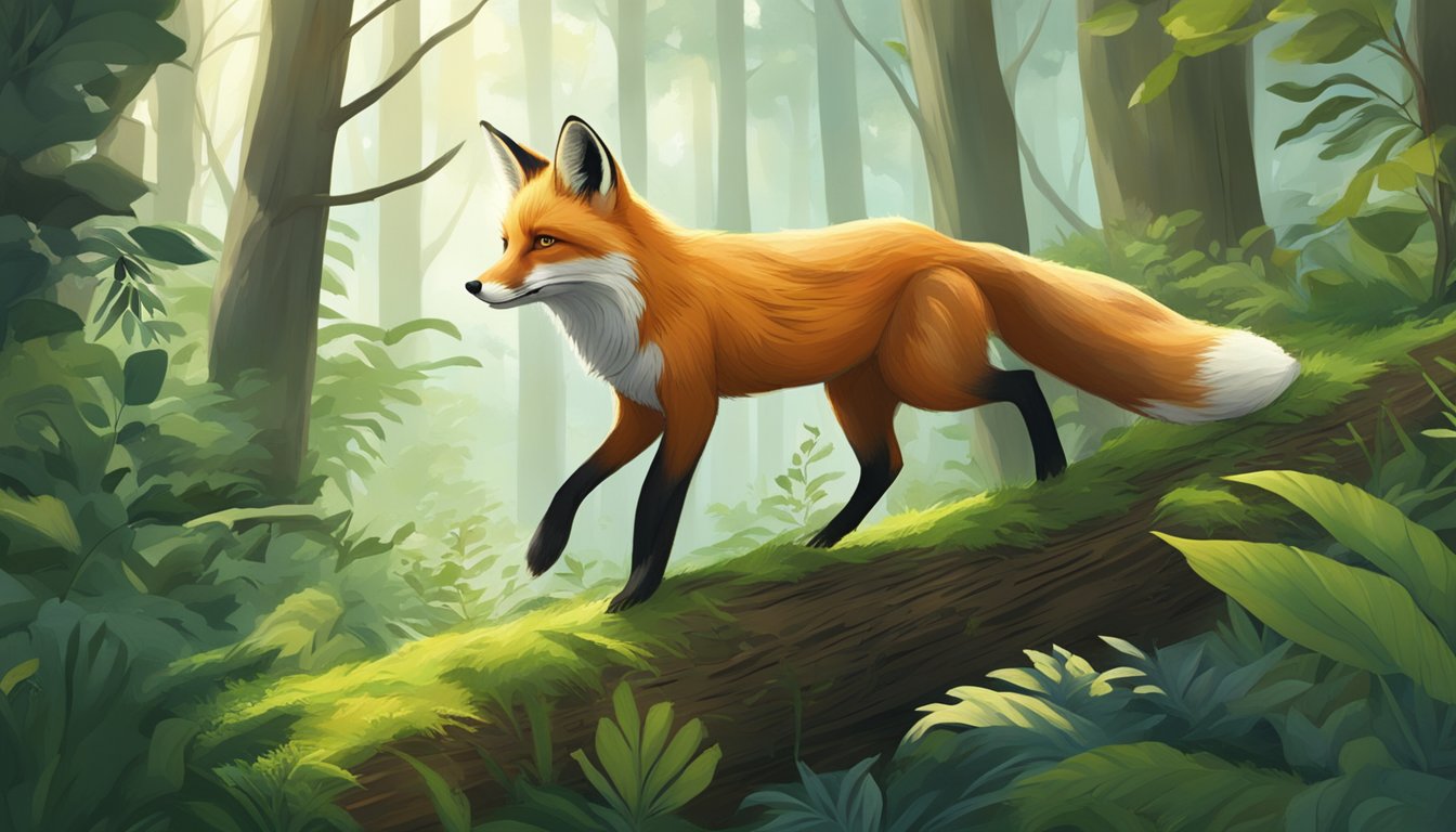 A fox gracefully navigates through a lush forest, hopping over fallen logs and weaving through dense vegetation within a habitat corridor