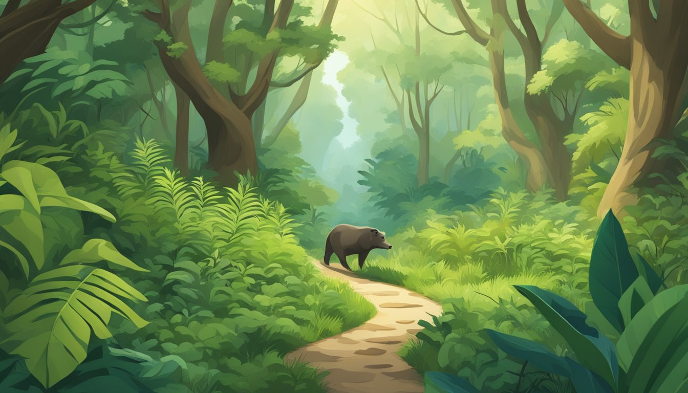 A lush forest with a winding path through dense foliage, connecting two wild spaces in North America. Wild animals are seen foraging and moving through the corridor