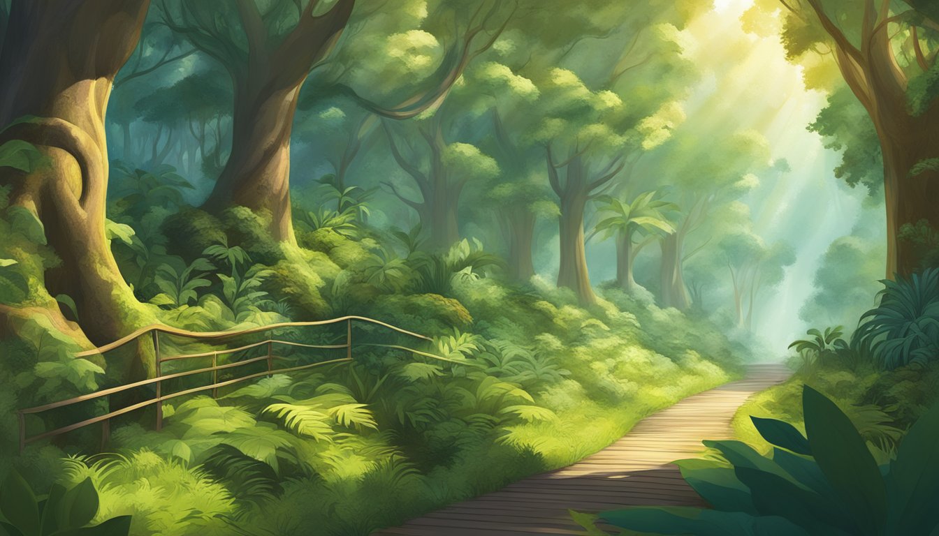 A lush forest with diverse plant life and small animals, connected by a winding corridor of greenery. Sunlight filters through the canopy, creating a vibrant and interconnected ecosystem