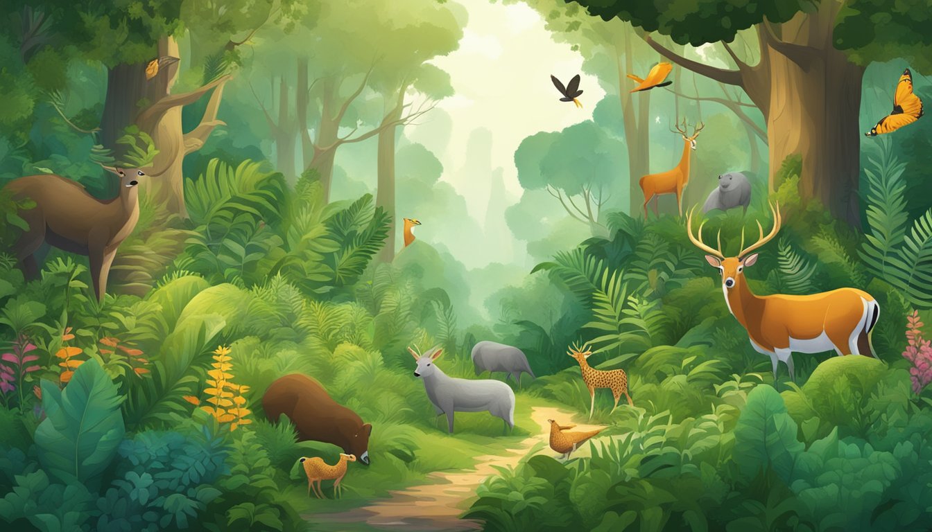 A lush forest with diverse plant and animal life, showcasing the interconnectedness of native species in a balanced ecosystem