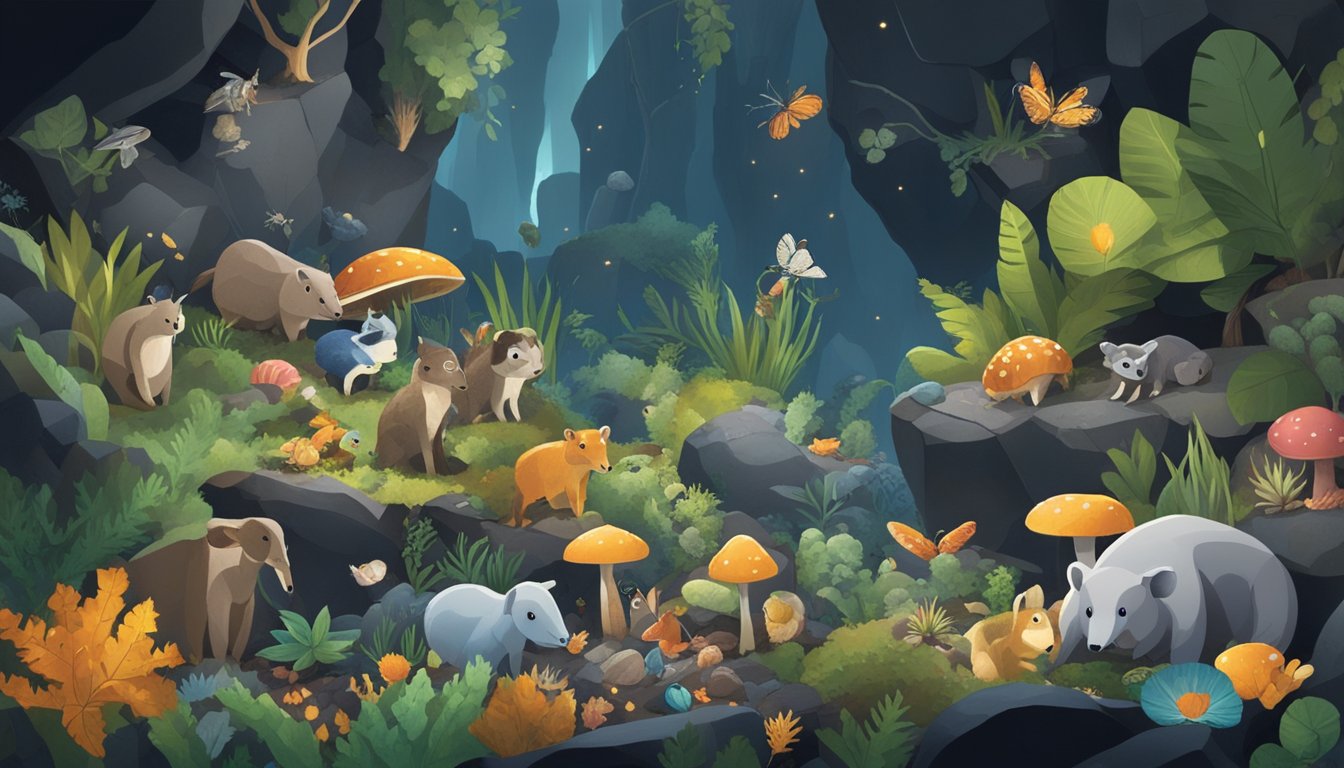 A group of animals gather around a variety of food sources scattered throughout a dark and rocky cave system. They are seen searching and collecting different types of plants, fungi, and insects