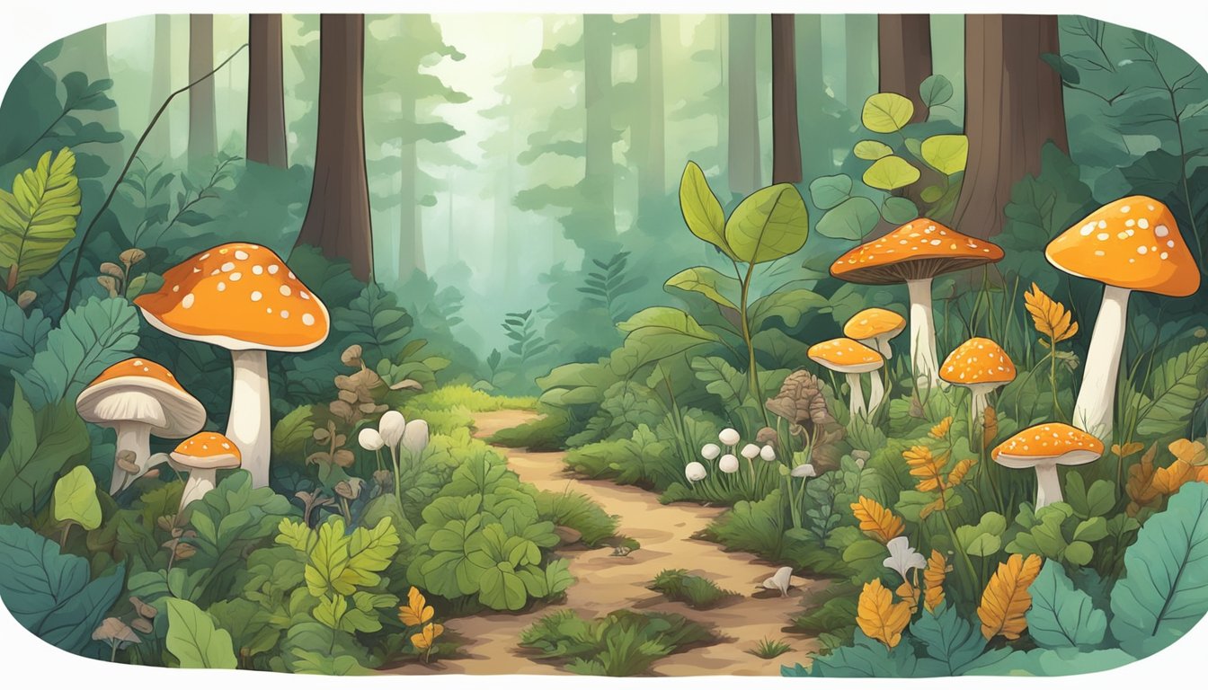 A lush forest floor with a variety of wild plants and mushrooms. A forager carefully selects and gathers edible and medicinal specimens