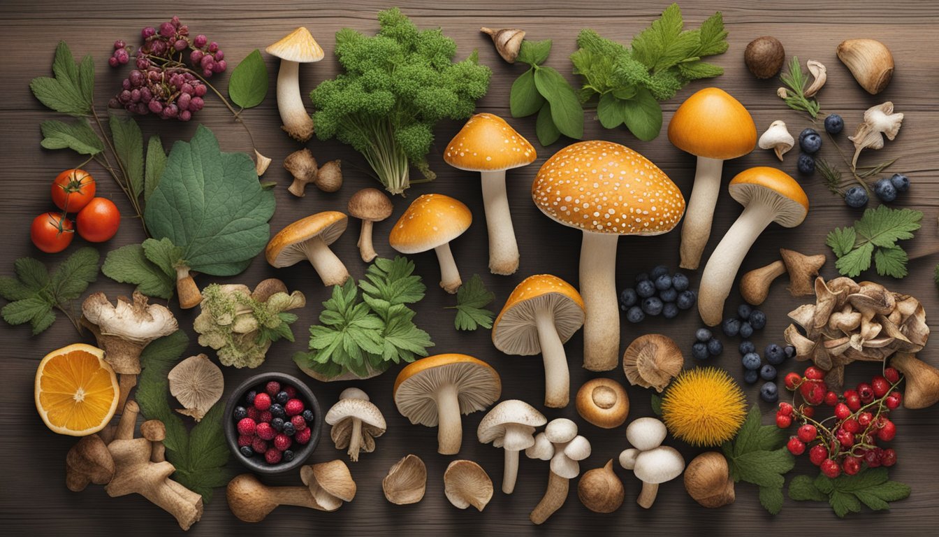 Various foraged species arranged on a rustic wooden table, including wild mushrooms, berries, and herbs. A sense of abundance and connection to nature is conveyed through the diverse array of colors and textures