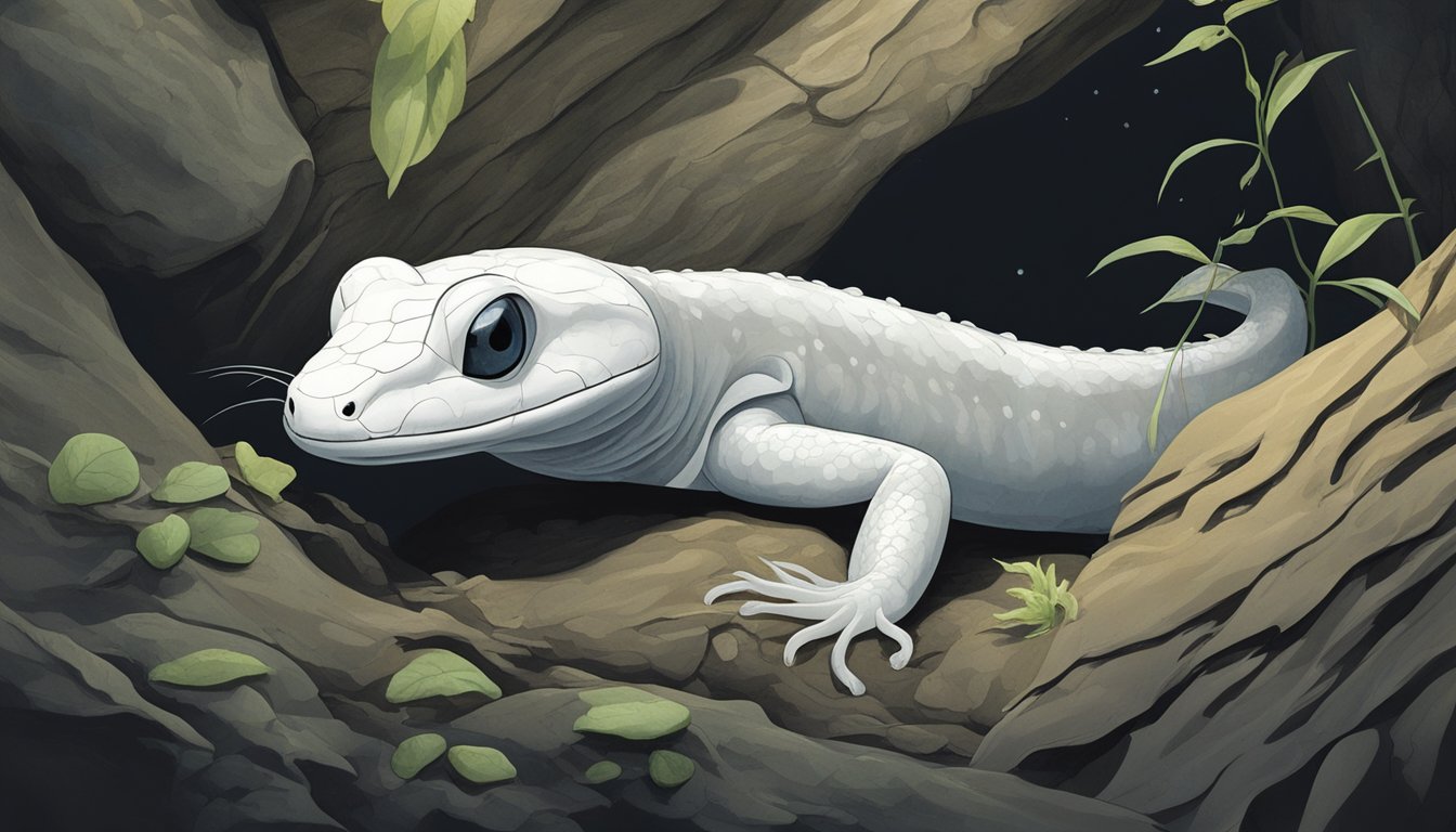 A blind, white salamander slithers through a dark cave, using its sensitive skin to detect prey. A cluster of pale, eyeless shrimp scuttle across the cave floor, feeding on organic matter