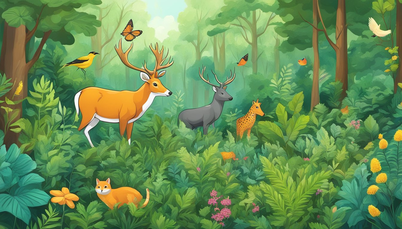 A lush forest with various plants and animals coexisting harmoniously. A forager carefully collects wild edibles, leaving the ecosystem undisturbed