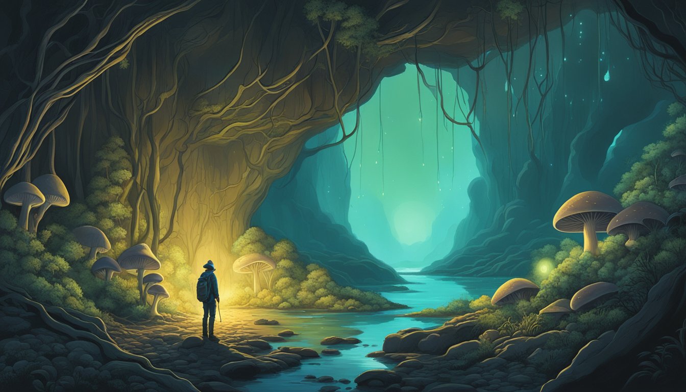 A figure explores a dimly lit cave, gathering mushrooms and roots from the damp, rocky walls. The eerie glow of bioluminescent fungi illuminates the scene