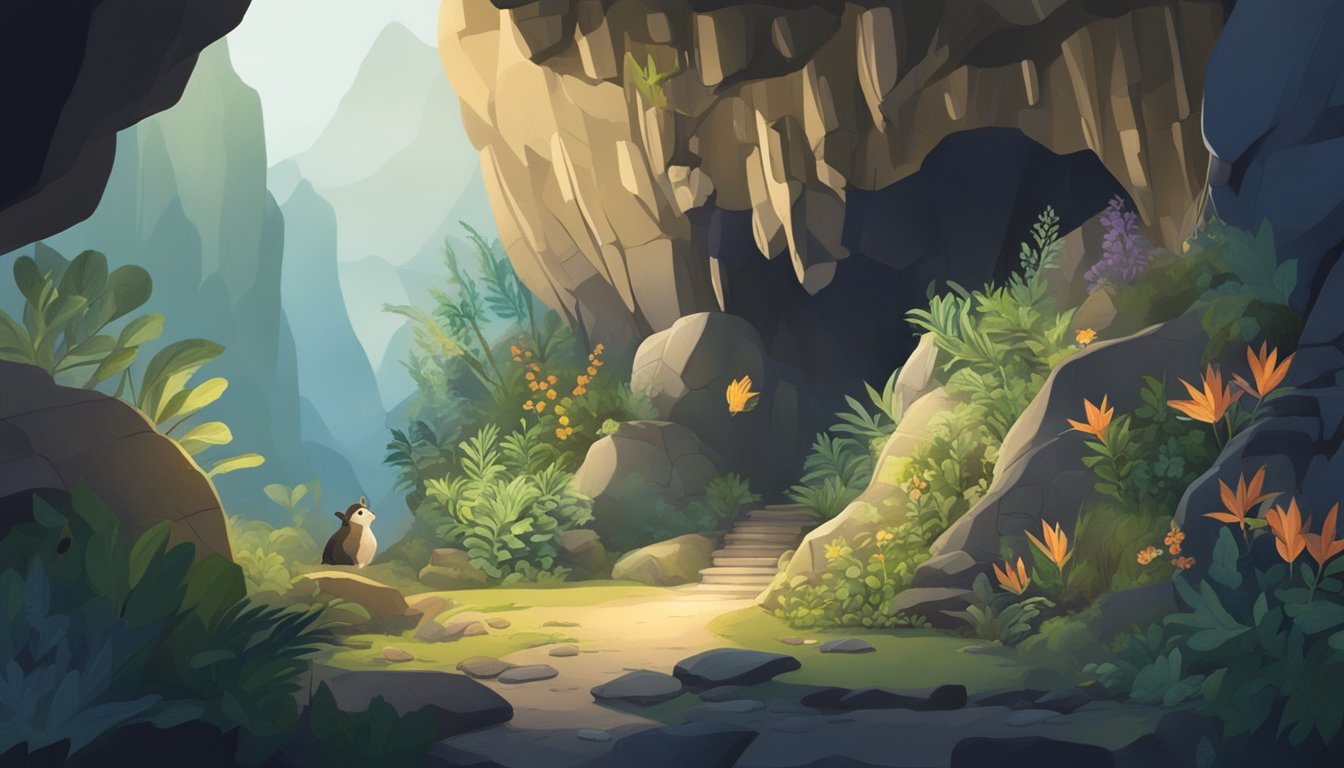 A dimly lit cave with diverse plant life growing from the rocky walls and floor, while small animals scurry about collecting food