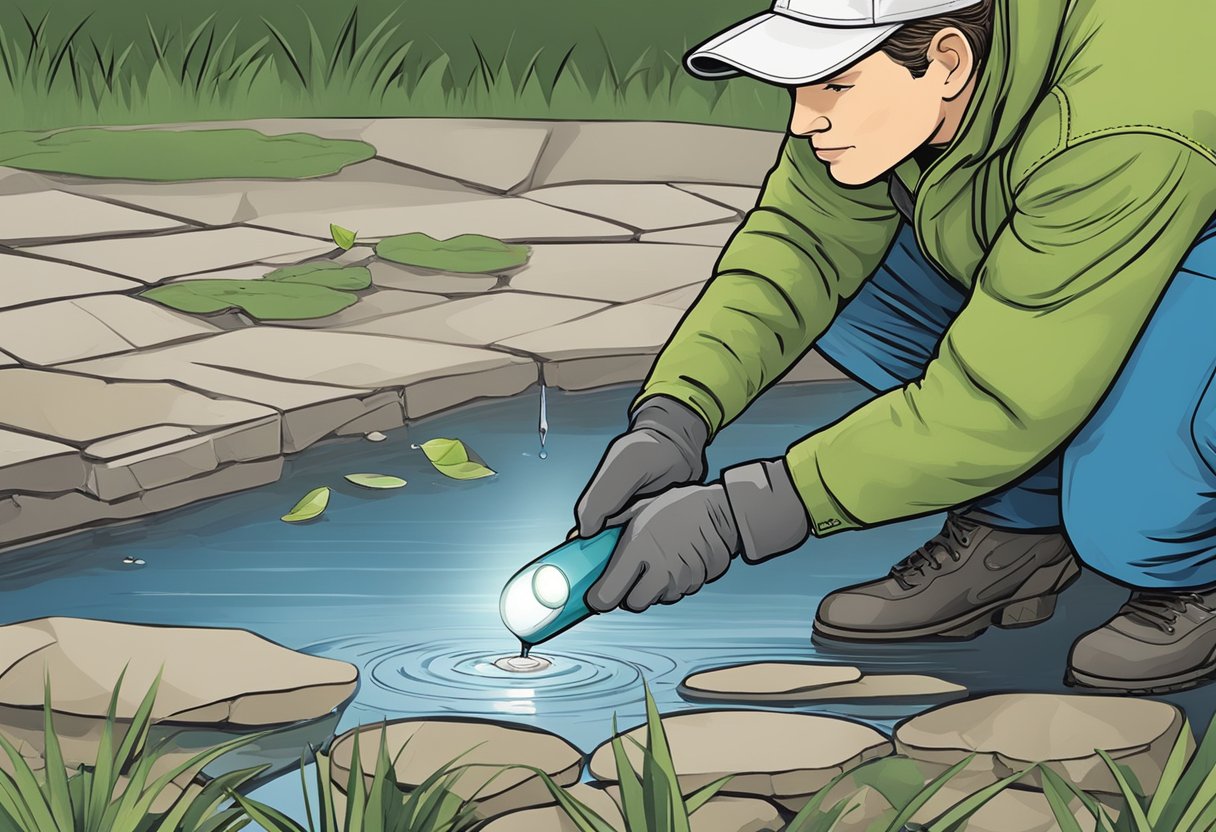 A person using a flashlight to inspect a pond's edges for cracks or holes, while holding a roll of waterproof sealant and a trowel