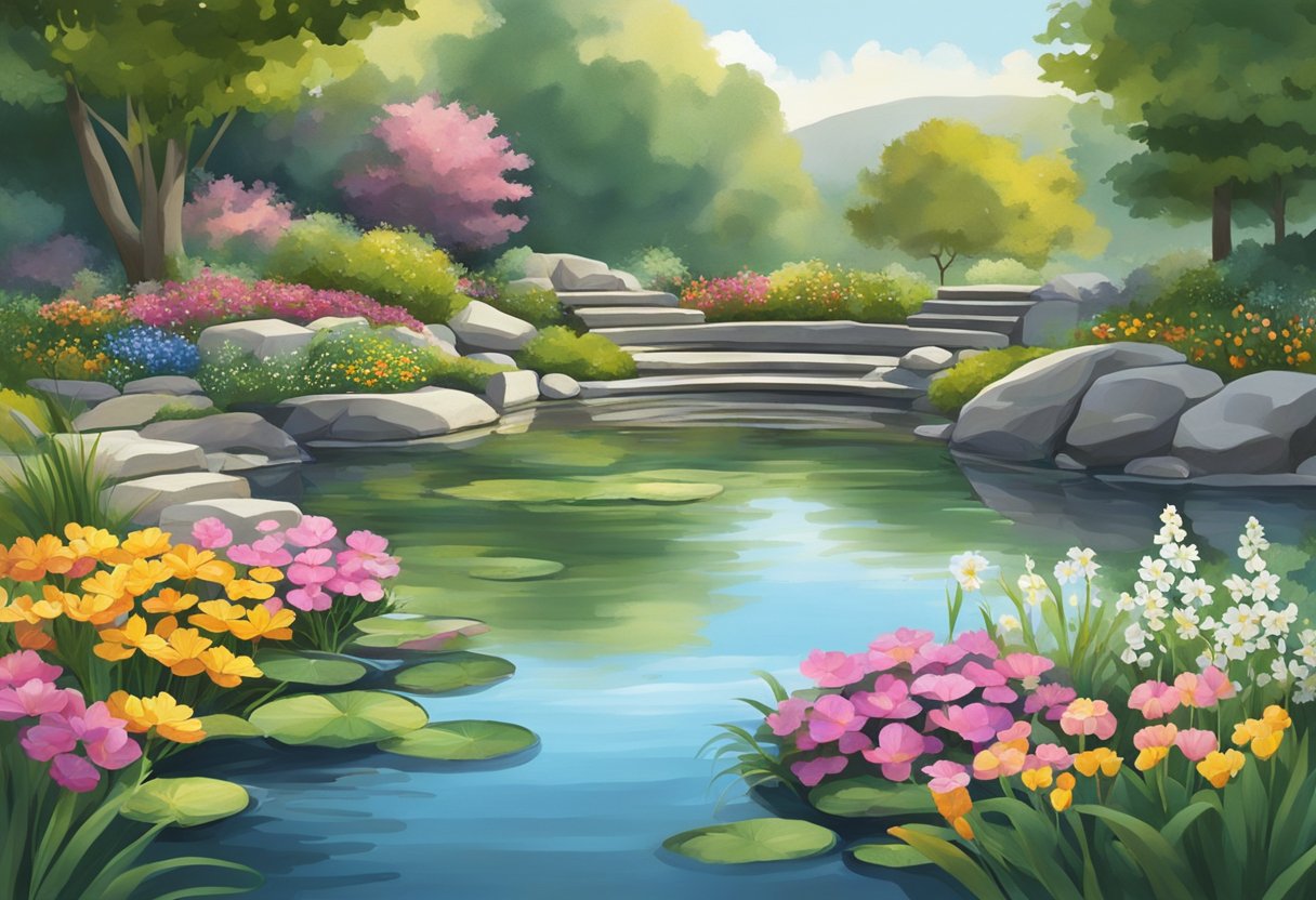 A tranquil pond with water gently flowing over rocks, surrounded by lush greenery and colorful flowers. A person using a variety of tools to inspect and repair the pond's lining