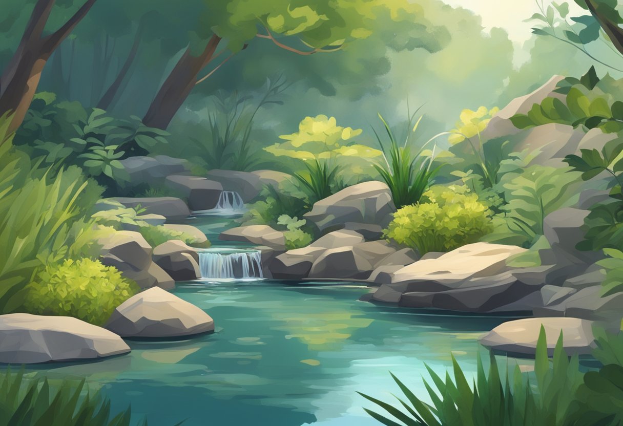 A tranquil pond with water gently flowing, surrounded by lush vegetation and rocks. A person uses advanced tools to detect and fix leaks